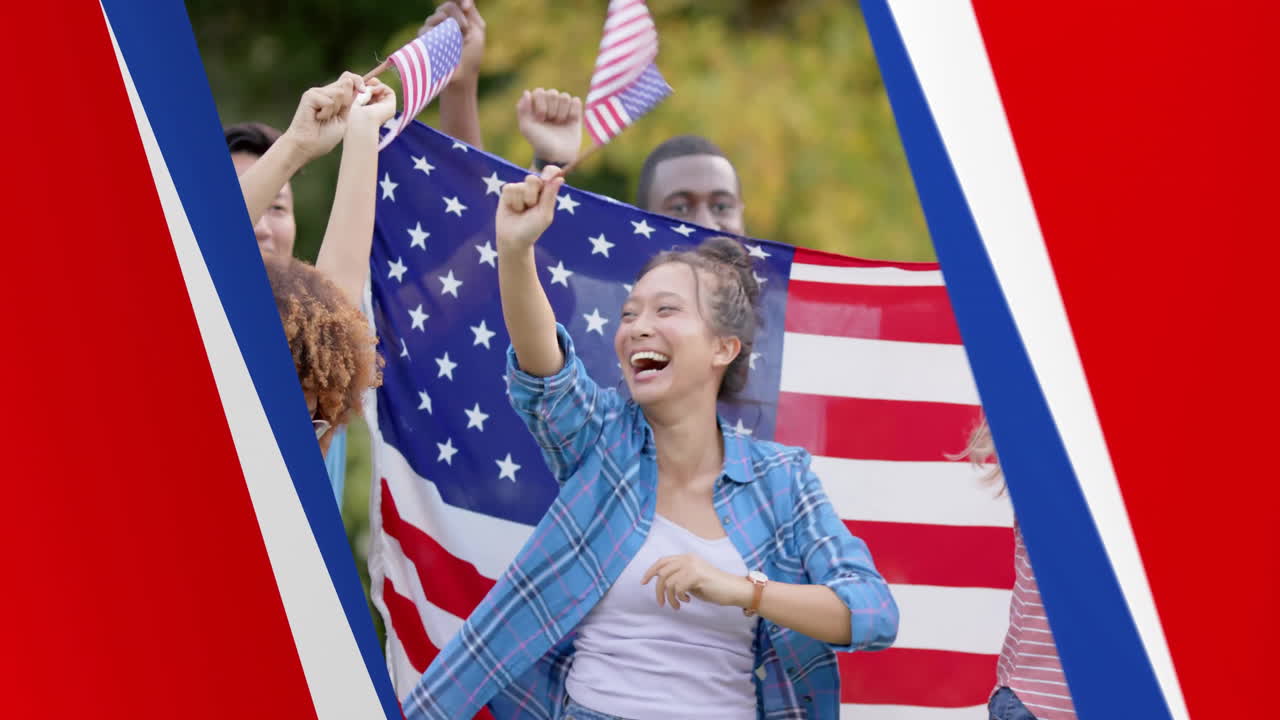 Animation of go vote text over diverse friends holding flags of usa