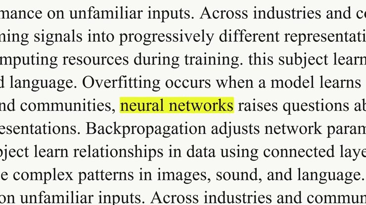 The words neural networks stay highlighted in yellow as black serif paragraphs change, with text about models, layers and data filling the white background.