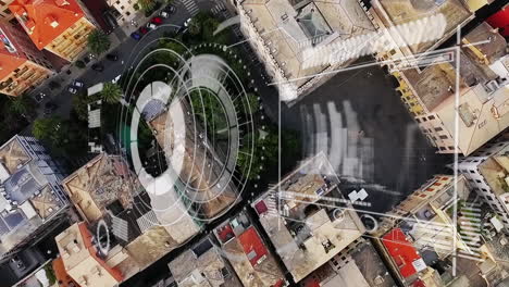 animación de círculos de carga, gráficos y flecha sobre vista aérea de la ciudad moderna