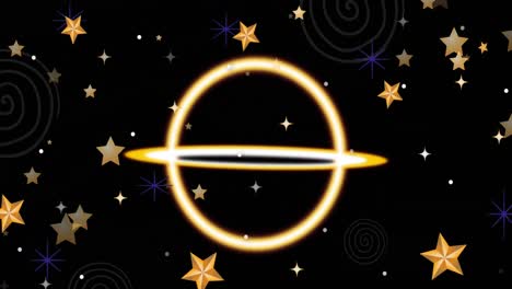 Animations-of-moving-yellow-glowing-shapes-and-stars-over-black-background