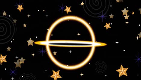 animaciones de formas brillantes amarillas en movimiento y estrellas sobre fondo negro