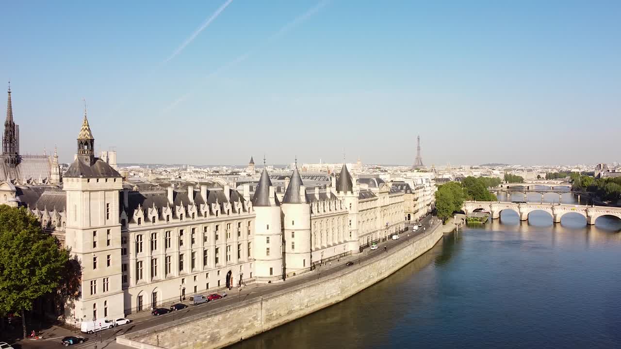 View from drone of Conciergerie on bank of Seine river. Paris
