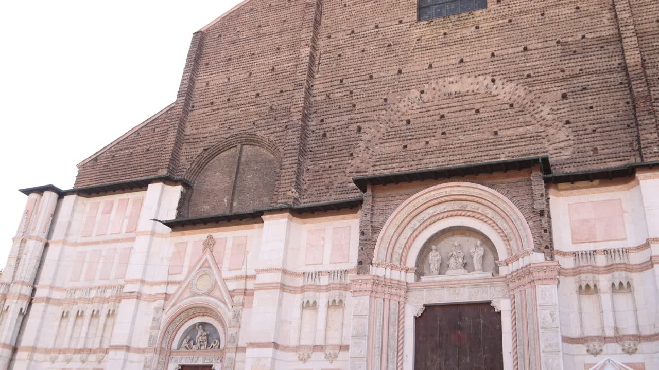 Close-up shot of architectural details on San Petronio Basilica’s exterior facade