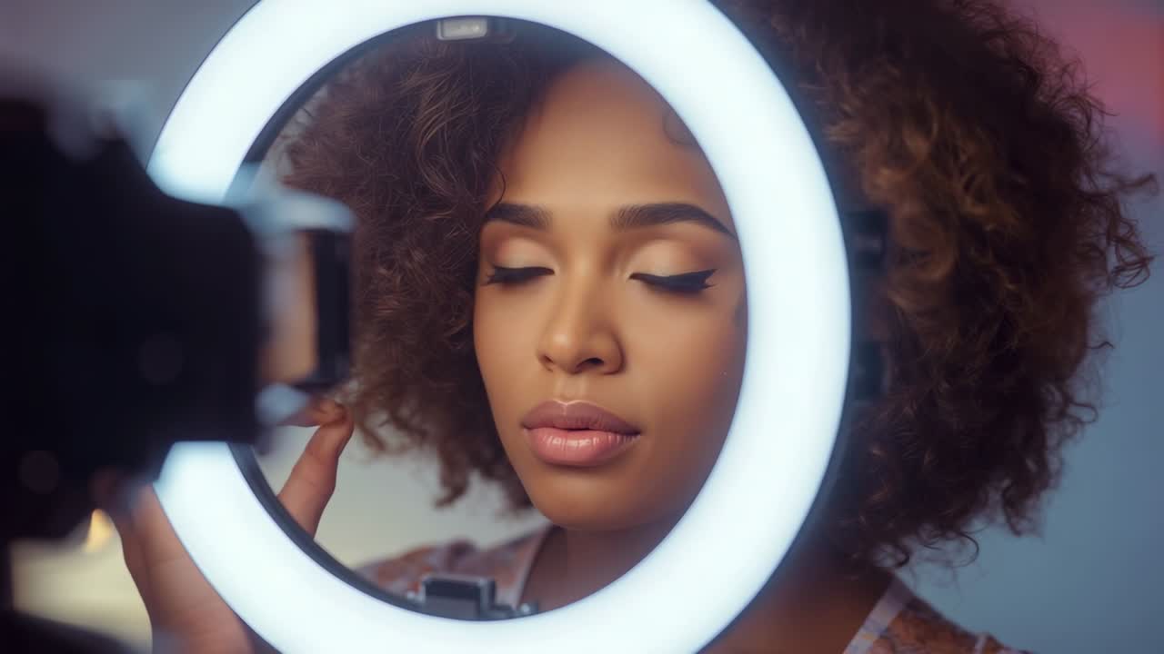 Telecamera su treppiede che inizia a registrare una donna che si sistema i capelli in uno studio domestico, con luce ad anello LED