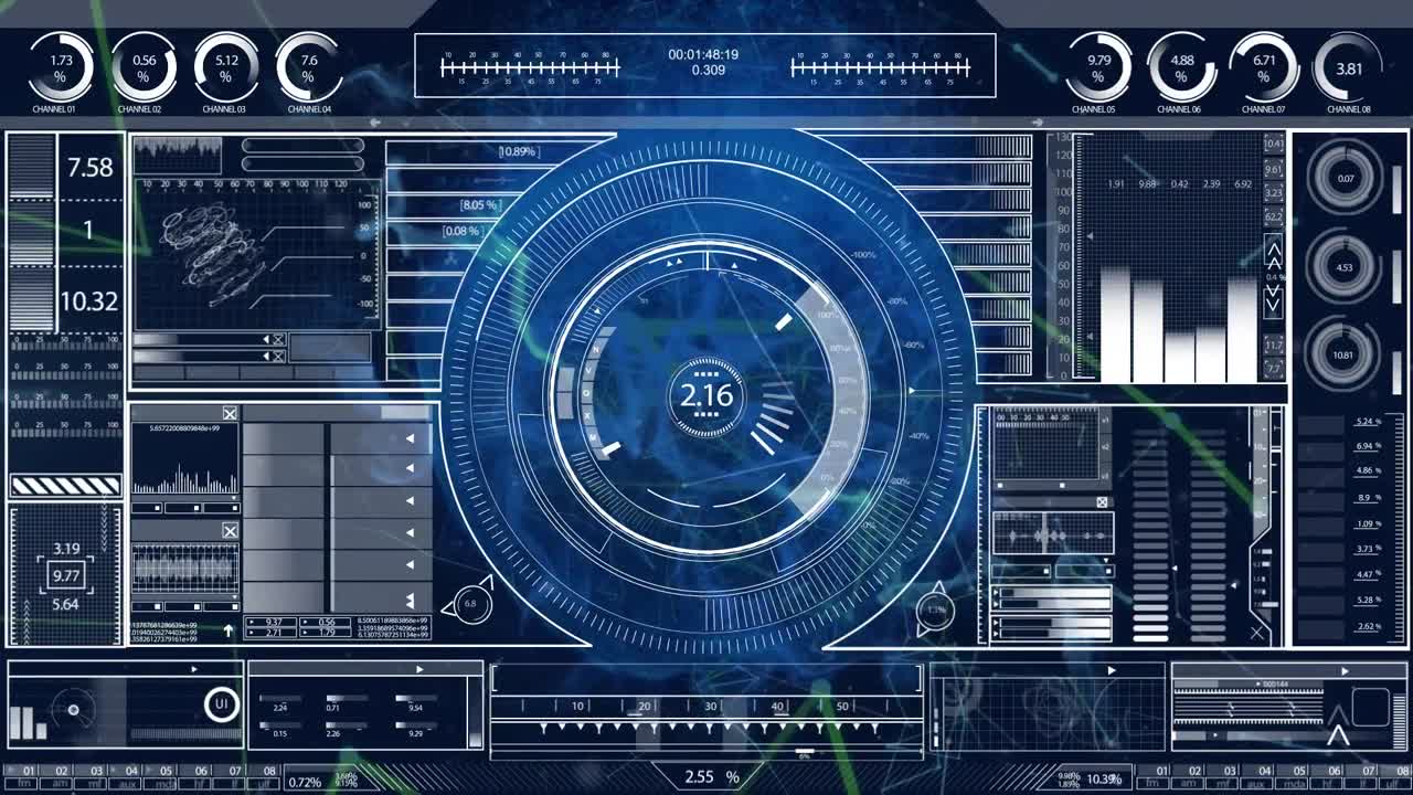Animation of interface with data processing over plexus networks against blue background