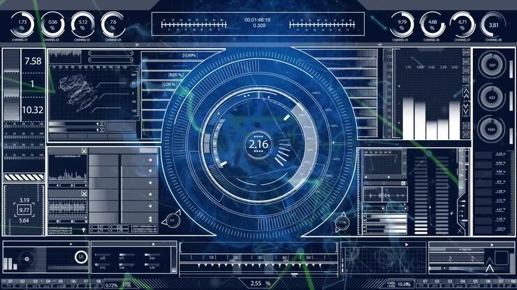 Animation of interface with data processing over plexus networks against blue background