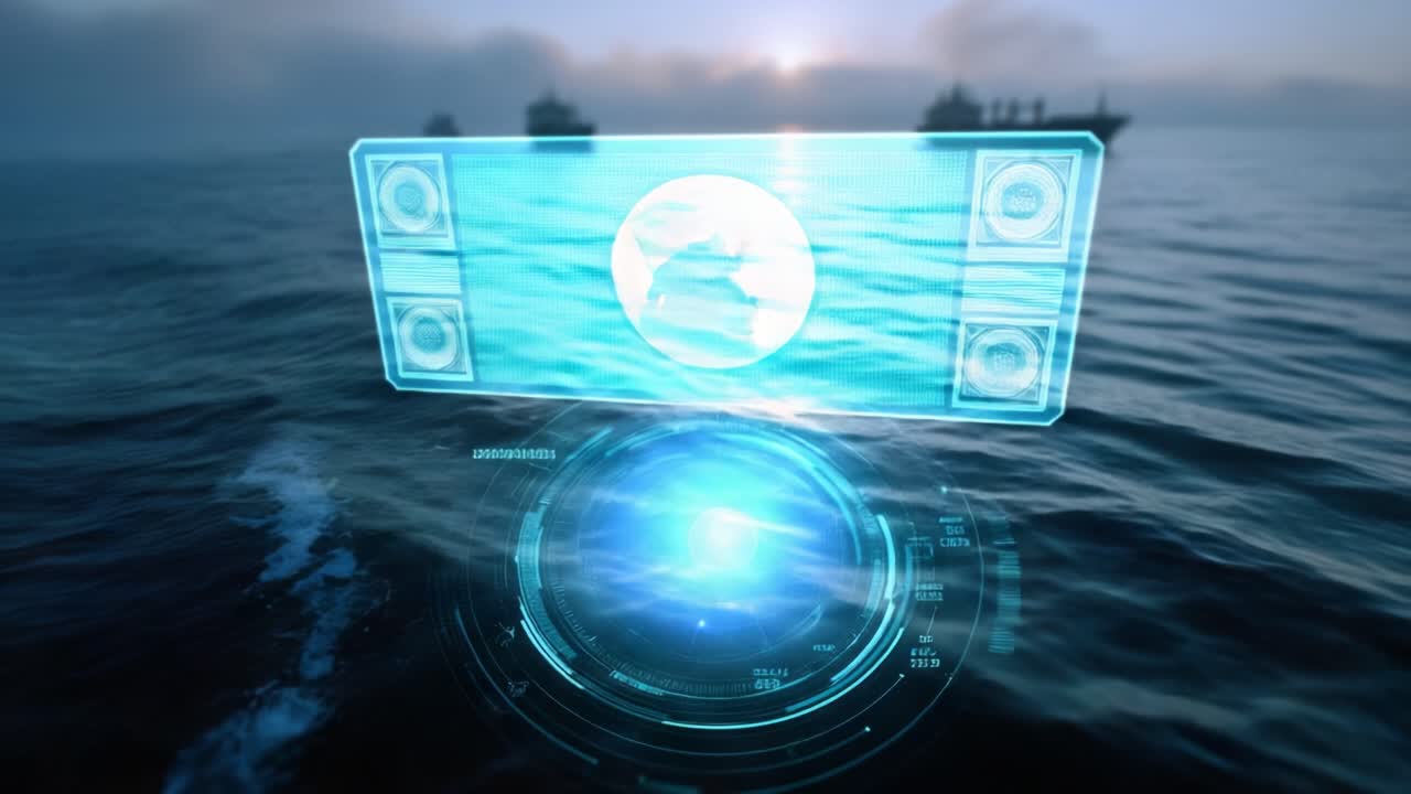 Digital overlay of futuristic interface hovers over ocean surface. Ships appear in distance under hazy sky. Interface emits blue glow, suggesting advanced technology