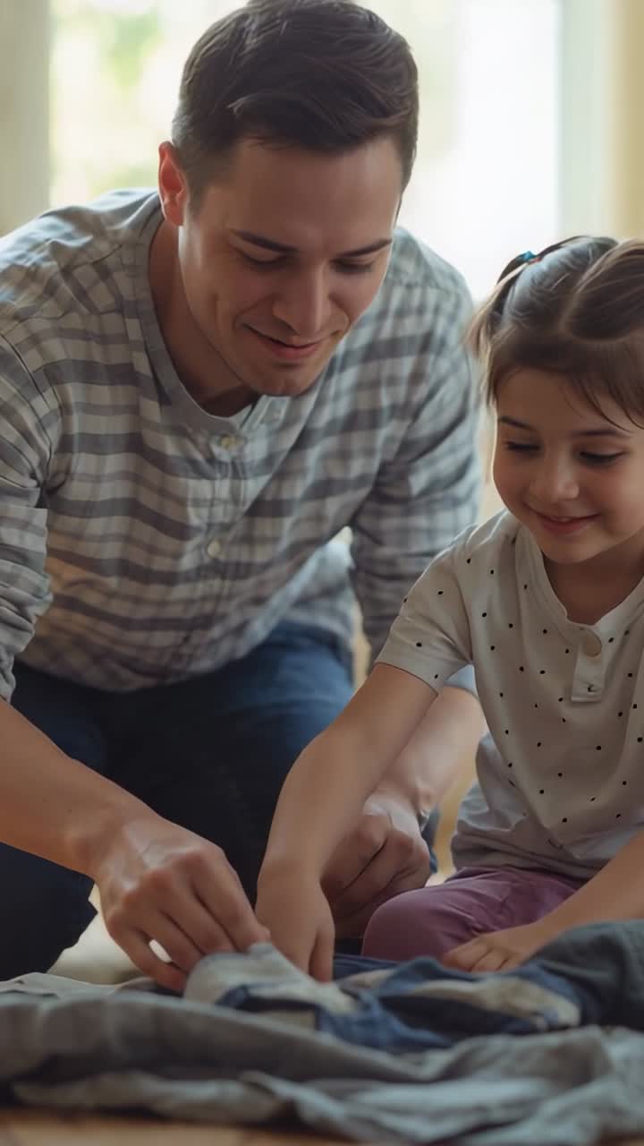 Vertical video: Leaning forward father teaching girl folding blanket at home, wearing striped shirt