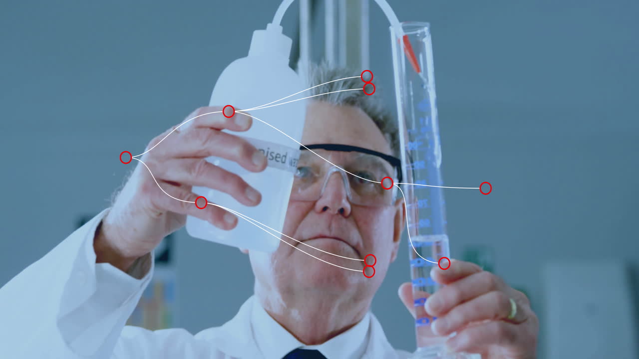 Senior male scientist measuring liquid in lab with bottle over blue cylinder with animated overlays
