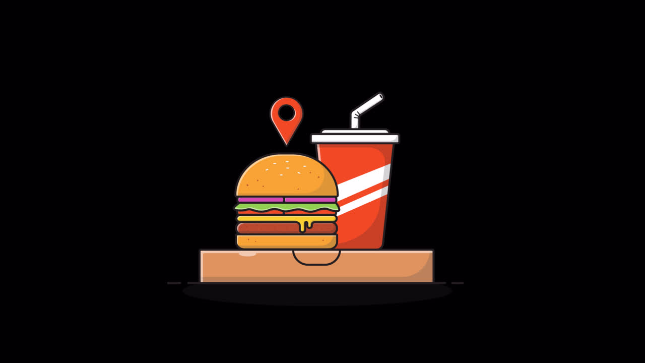 Animated Fast Food Order with Burger, Soda, and Location Pin