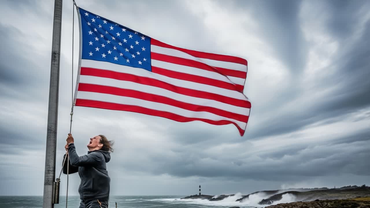 Persona che alza la bandiera americana con cielo drammatico e oceano sullo sfondo, a simboleggiare patriottismo e resilienza in condizioni meteorologiche avverse