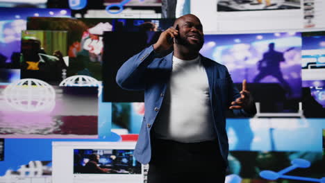 african american guy uses phone call connection to showcase engagement