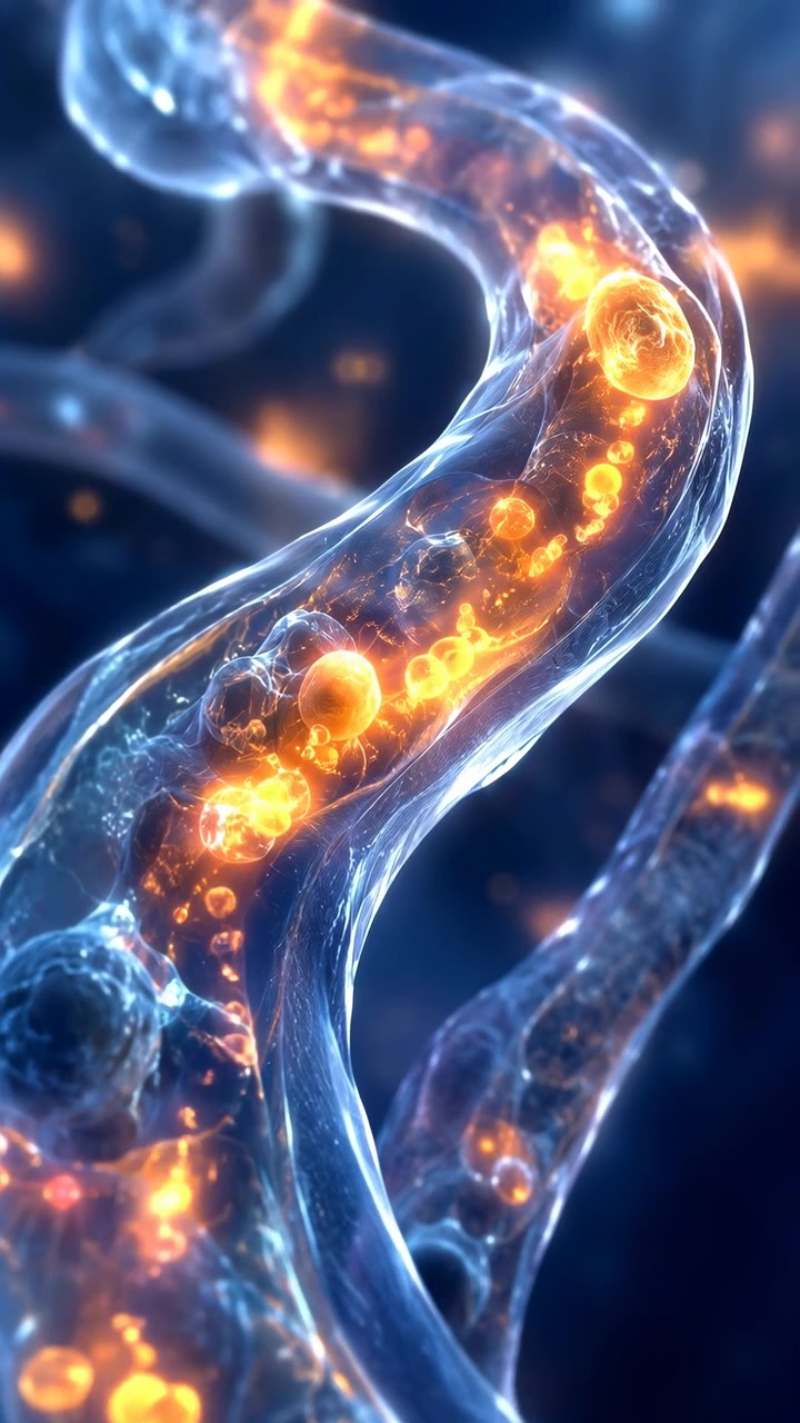 Sfere arancioni luminose si muovono attraverso tubi curvi trasparenti, mentre canali ramificati si sovrappongono in un ambiente blu intenso, creando trasparenza a strati, riflessi luminosi e un movimento visivo fluido
