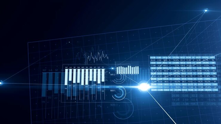 Business Abstract Flight Through Global Growing Network with Graphs and Charts. Beautiful Looped 3d Animation with Blue Lines, Dots and Grid. Business and Technology Concept.