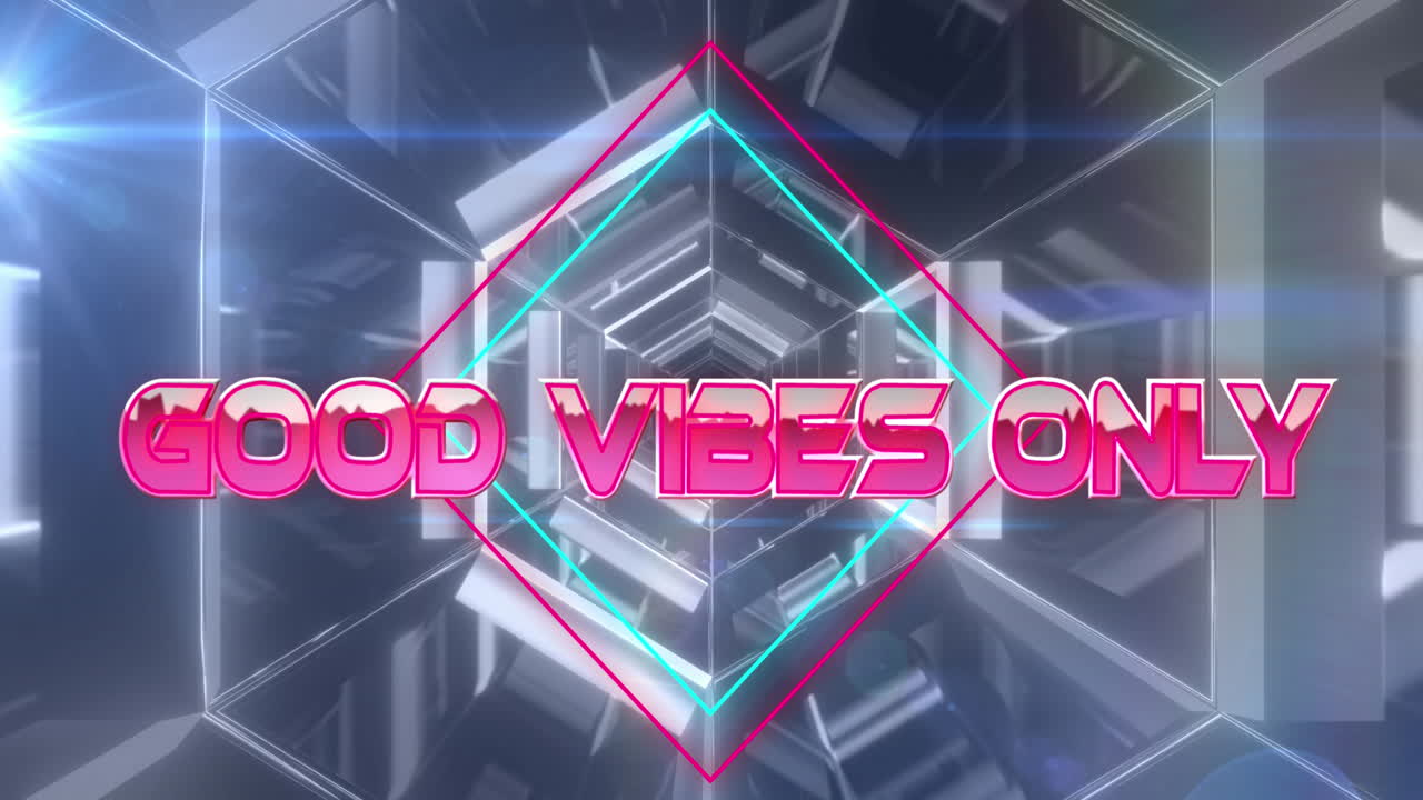 Animation of good vibes only text over moving digital tunnel