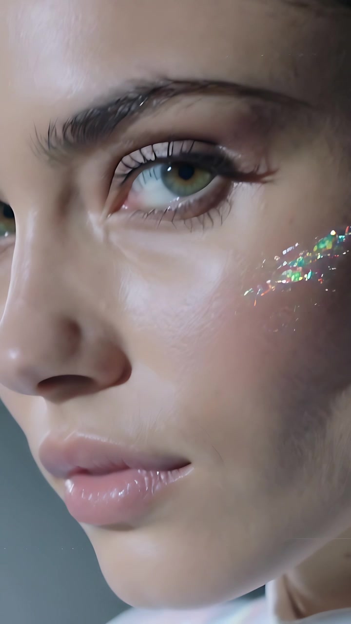 Video verticale: Modella che si gira e si muove verso l'obiettivo mentre la telecamera si avvicina in studio, evidenziando i glitter.