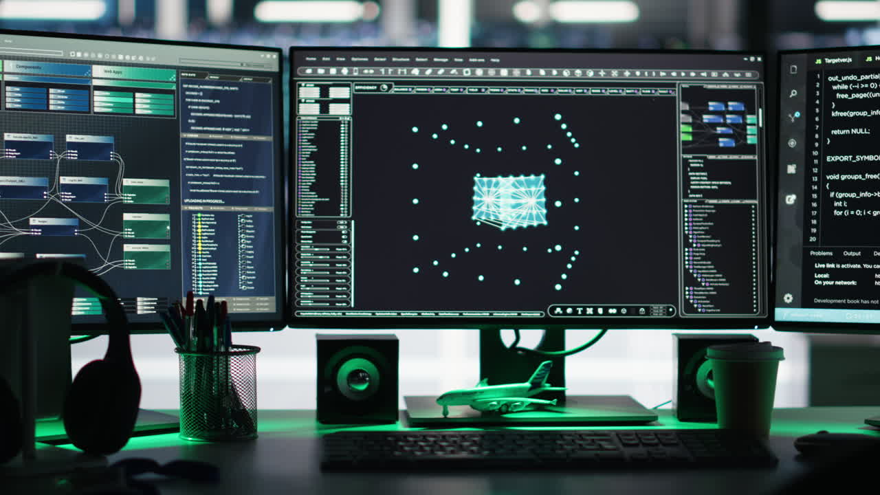 Monitors in data center displaying node tree interfaces monitoring gear health