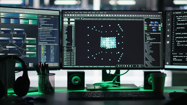 Monitors in data center displaying node tree interfaces monitoring gear health