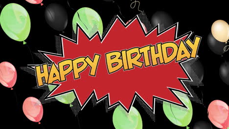 animación del texto de feliz cumpleaños sobre globos coloridos sobre fondo negro