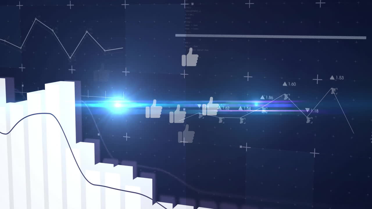 Animation of thumbs-up icons on graph and bar chart in digital data visualization