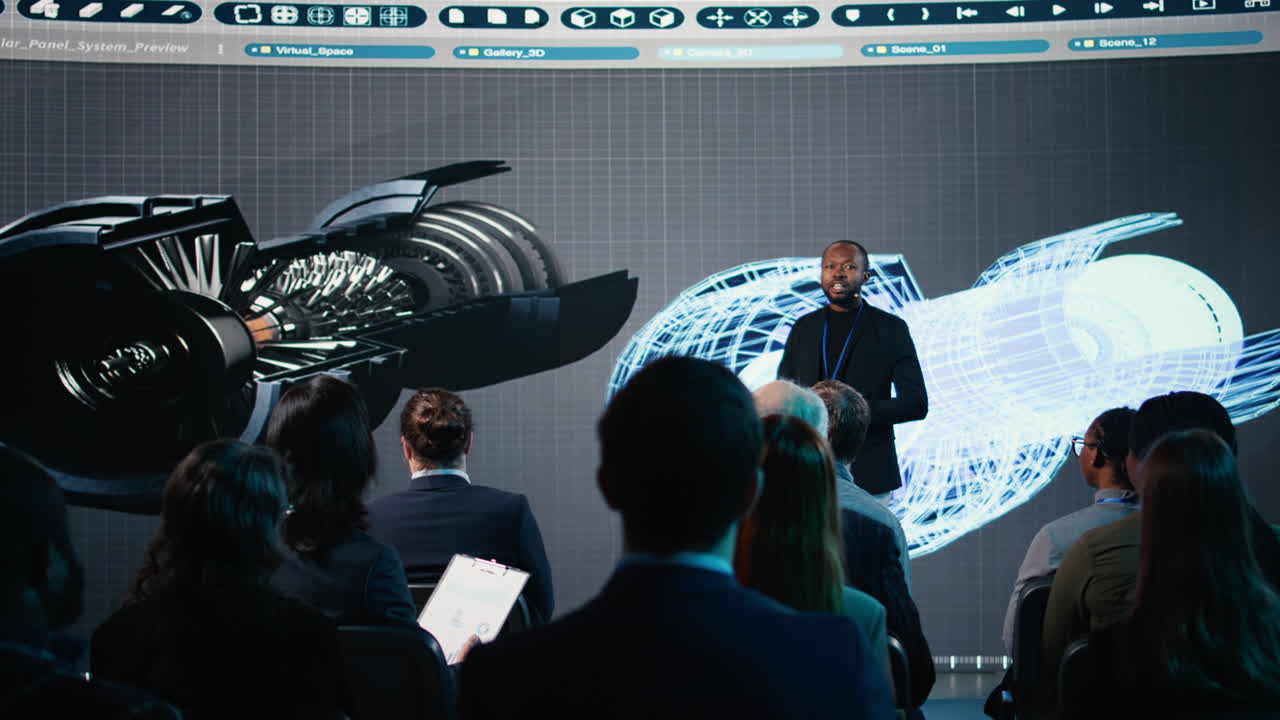 African american speaker does futuristic industrial presentation with a turbine