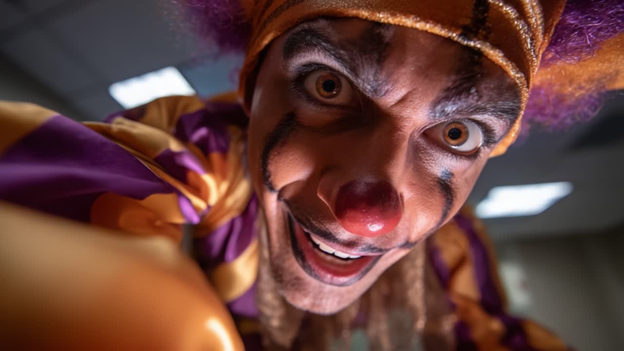 Un clown dispettoso con capelli selvaggi e un costume vivace mostra un sorriso inquietante in primo piano in un ambiente interno, catturando un'atmosfera giocosa ma inquietante