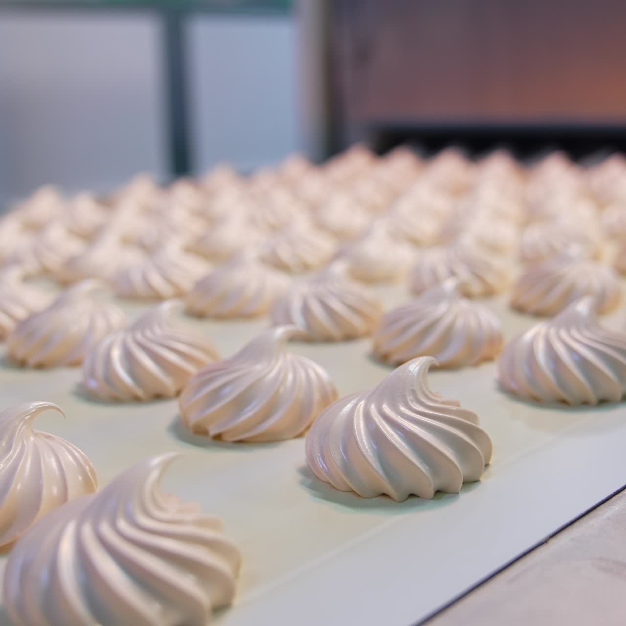 Marshmallow making factory conveyor. Confectionery industrial production