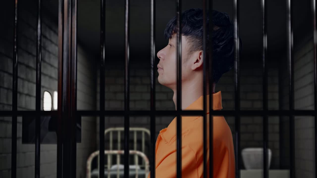 아시아 남성 수감자가 감옥에 서서 머리를 들고 팔을 는 모습