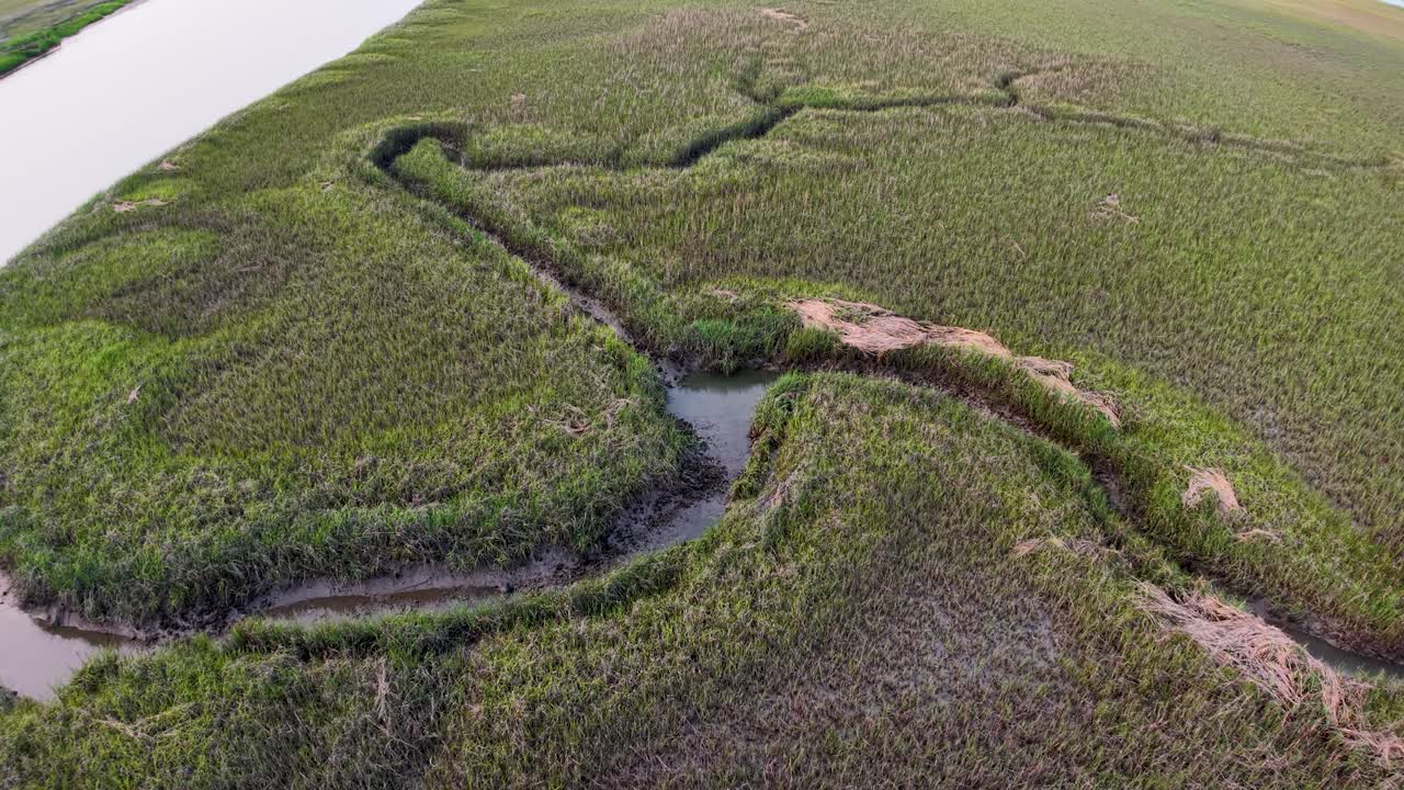Aerial drone view of Charleston marshland with winding tidal channels and a wide river, capturing green wetlands from above