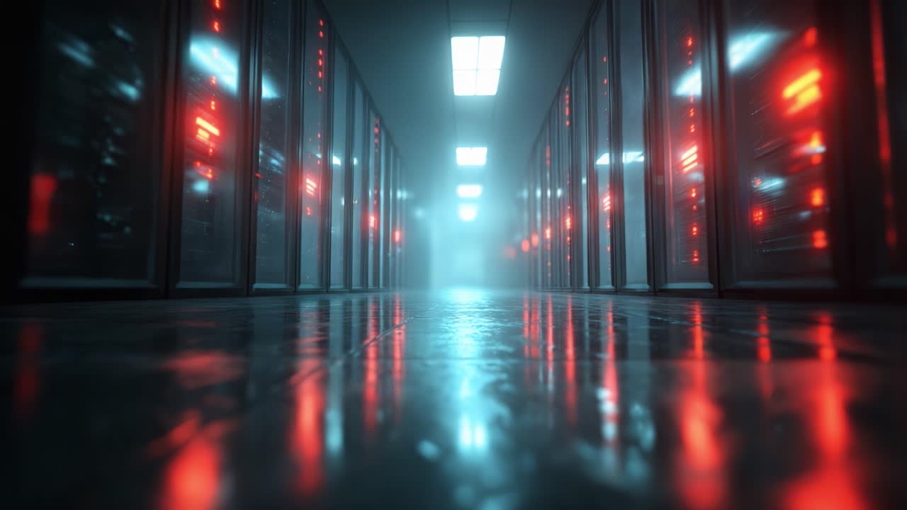 Una sala server inquietantemente vuota è illuminata da luci rosse e blu, riflettendo un ambiente suggestivo ed echeggiante che evoca un senso di mistero e tecnologia.