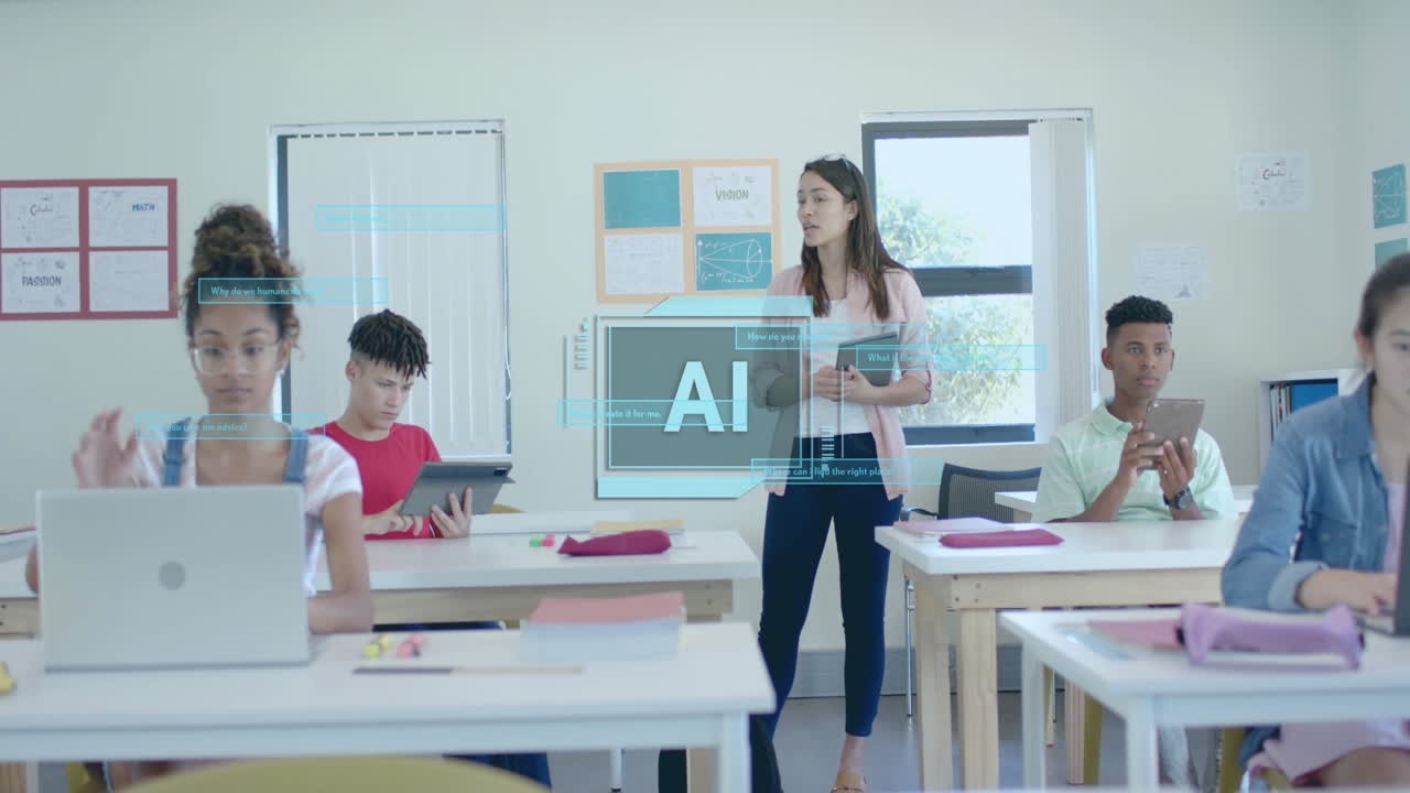 animación del procesamiento de datos ai sobre diversos estudiantes en la escuela
