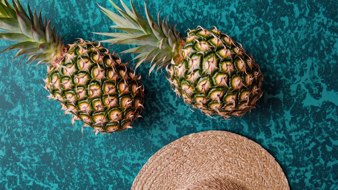 Top-down view of two pineapples and a straw hat on a textured teal surface, creating a vibrant
