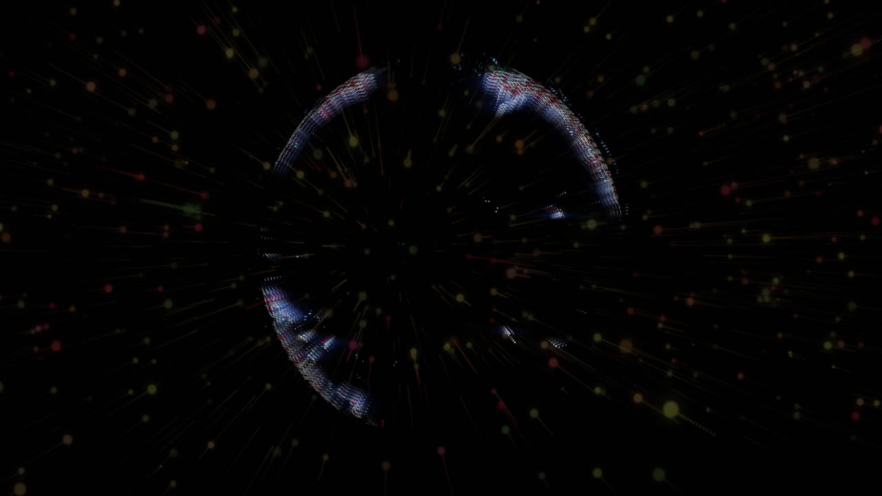 Glowing digital globe segment rotating in black cyber space, radiating multicolored pixel clusters