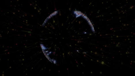 glowing digital globe segment rotating in black cyber space, radiating multicolored pixel clusters