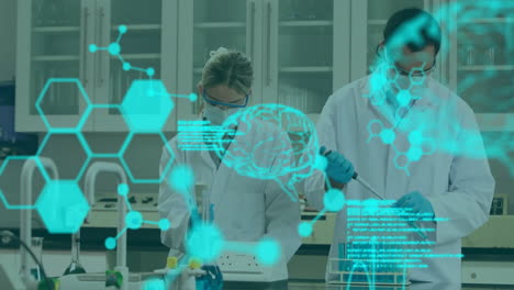 animation of digital brain with molecules and data processing over diverse scientists working in lab