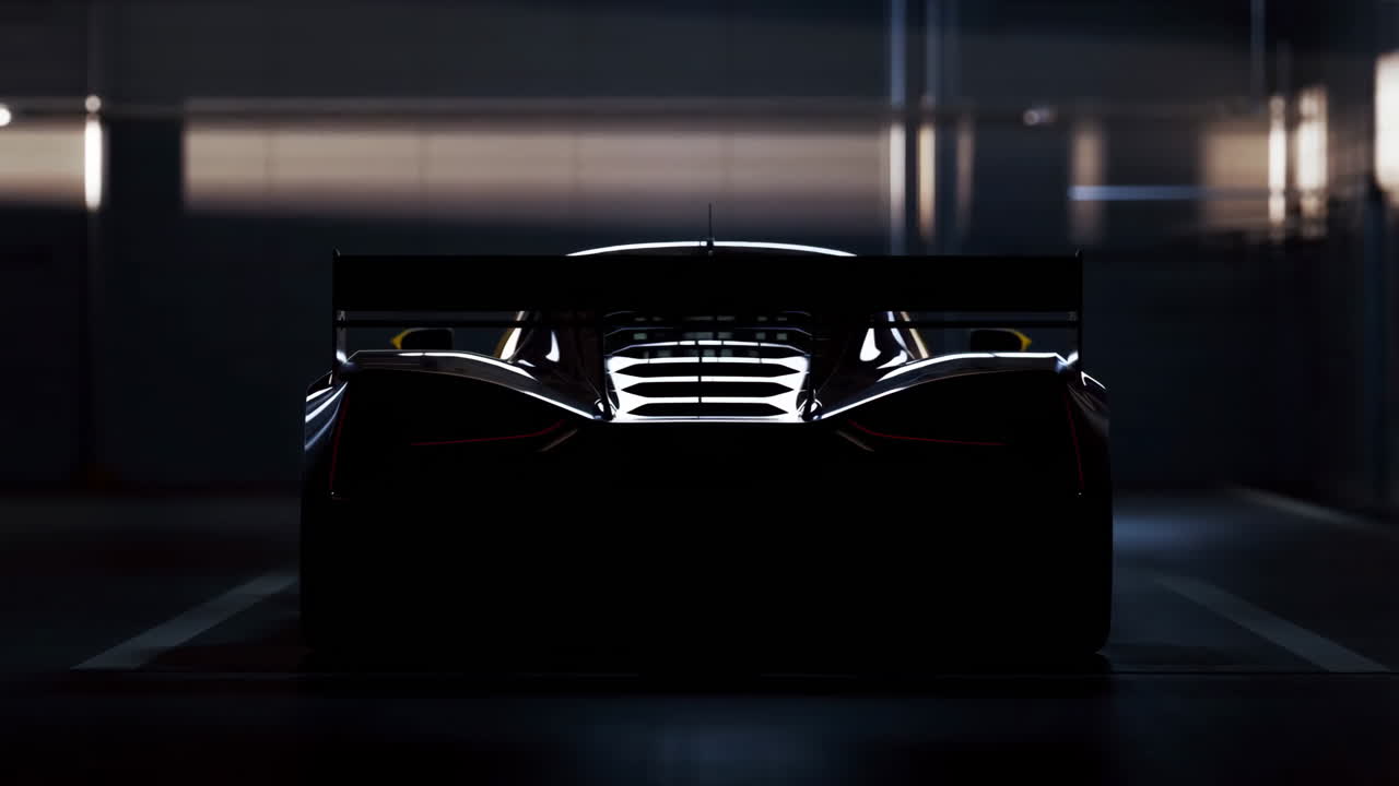 Dark Silhouette of a High-Performance Race Car in a Parking Garage