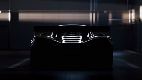 dark silhouette of a high-performance race car in a parking garage