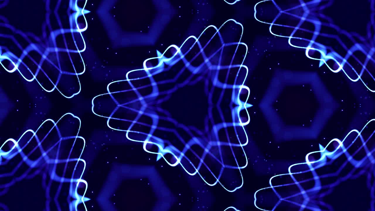 complex symmetrical structures of glow particles like sci-fi bg. Kaleidoscopic abstract theme. 4k looped sci-fi 3d background with glow blue particles form lines, surfaces, pattern