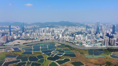 Vista-Aérea-Sobre-El-Horizonte-De-Shenzhen-En-Un-Hermoso-Día-Claro