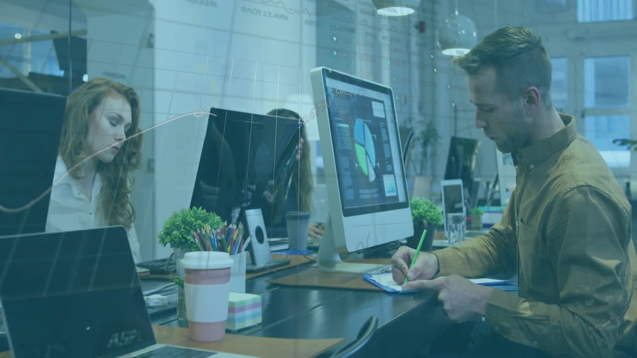 Three colleagues typing and scrolling while generating analytics dashboard with floating charts
