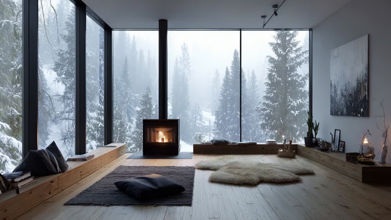 Cozy and Inviting Winter Retreat: A Stylish and Minimalist Living Space with a Fireplace and Panoramic Views of Snow-Covered Trees, Creating a Warm Atmosphere Amidst Cold Surroundings