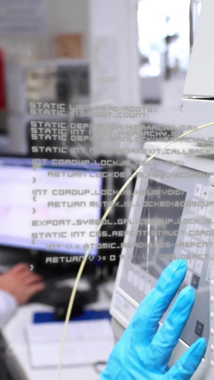 Animation of scientific data processing over caucasian female scientist in laboratory