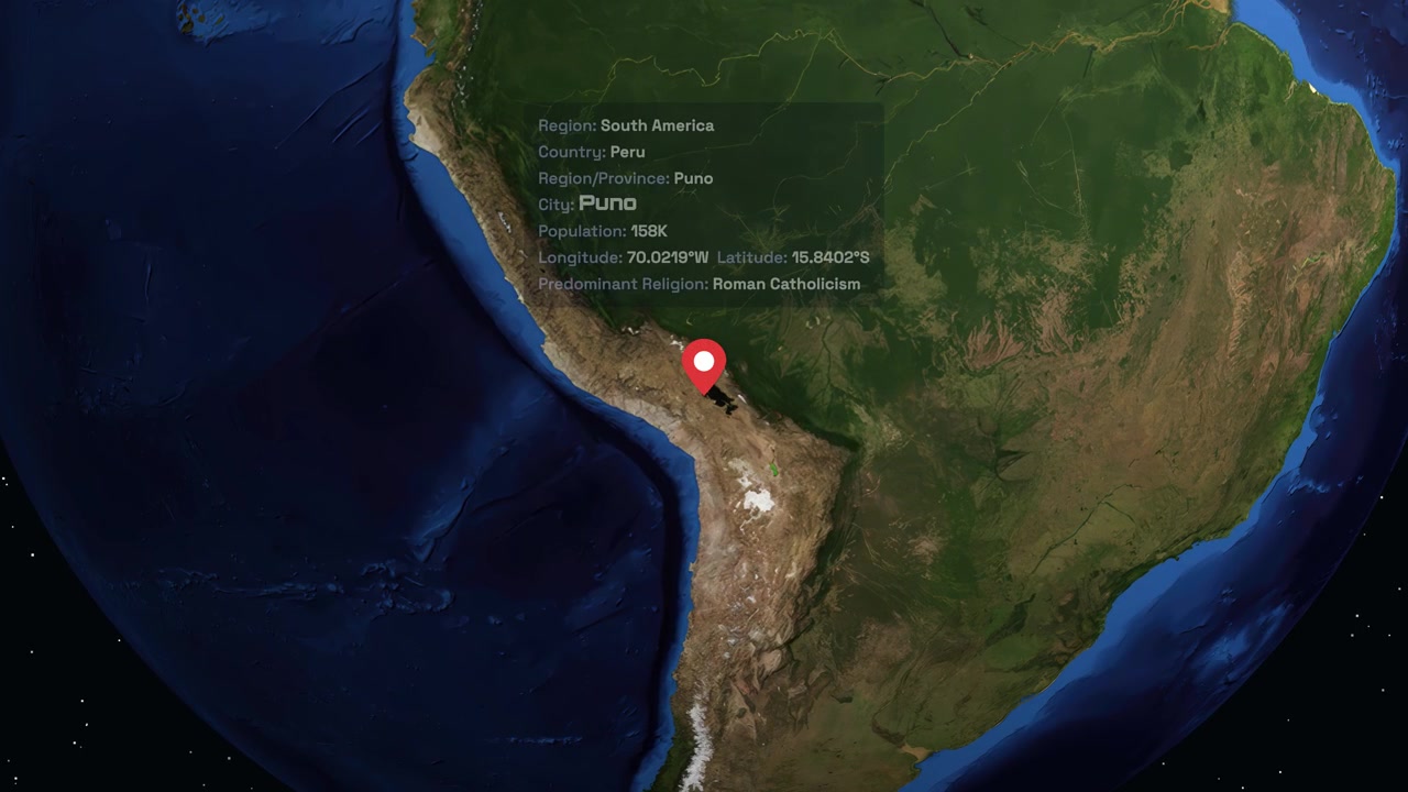 Digital earth rotates and zooms into South America, highlighting Puno Peru with informational text