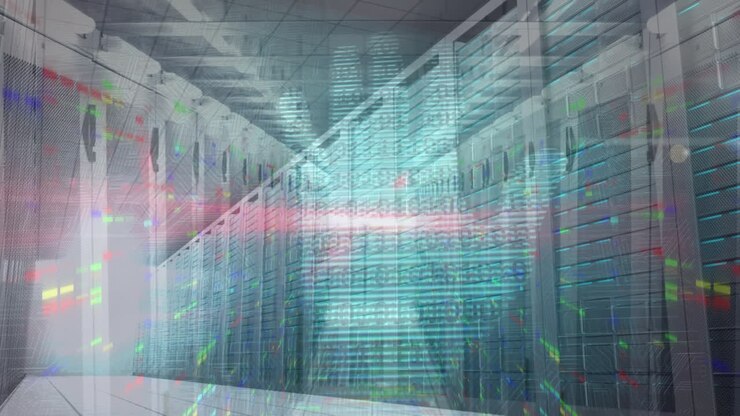Animation of binary coding over human hand scanning over computer server room