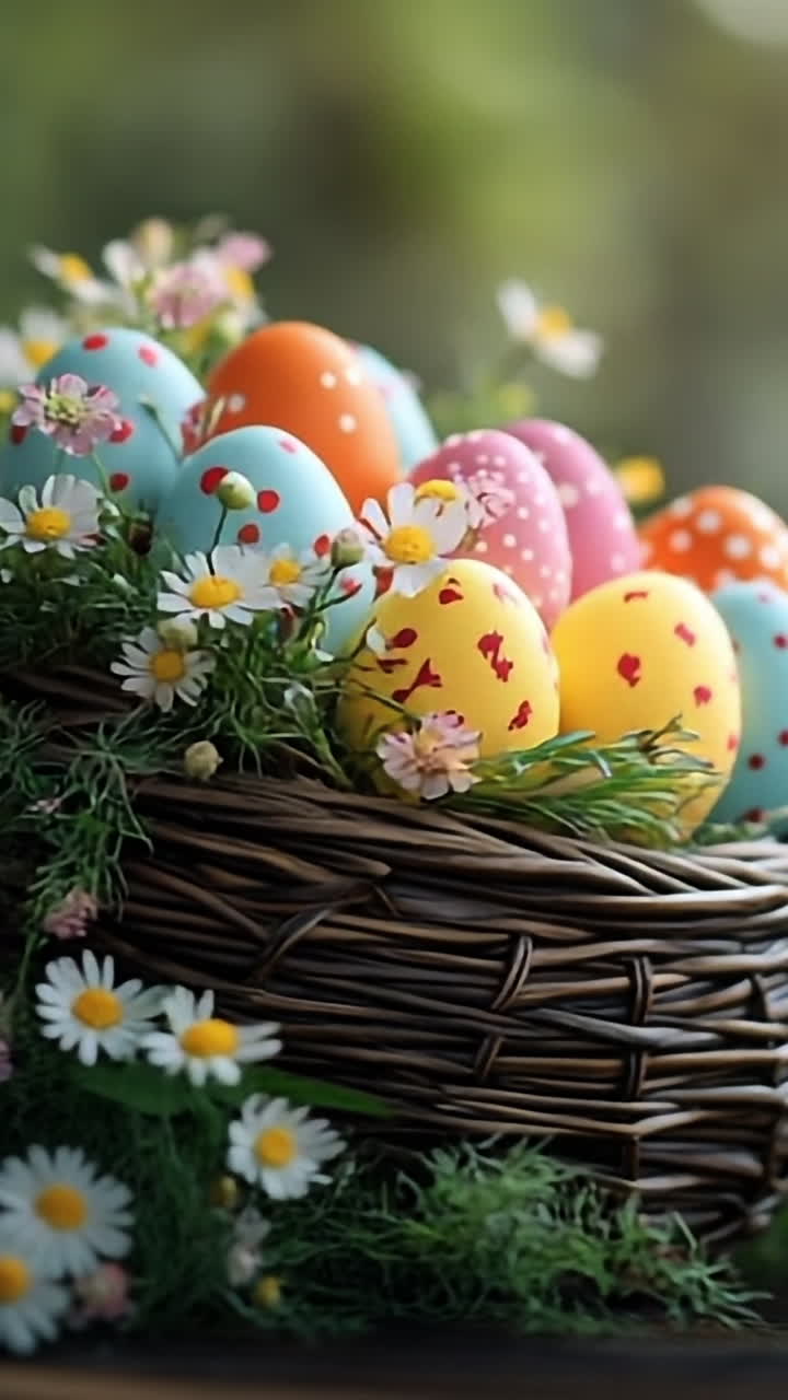 Colorful Easter eggs in a woven basket. A woven basket filled with vibrant Easter eggs surrounded by daisies and fresh greenery on a sunny day.