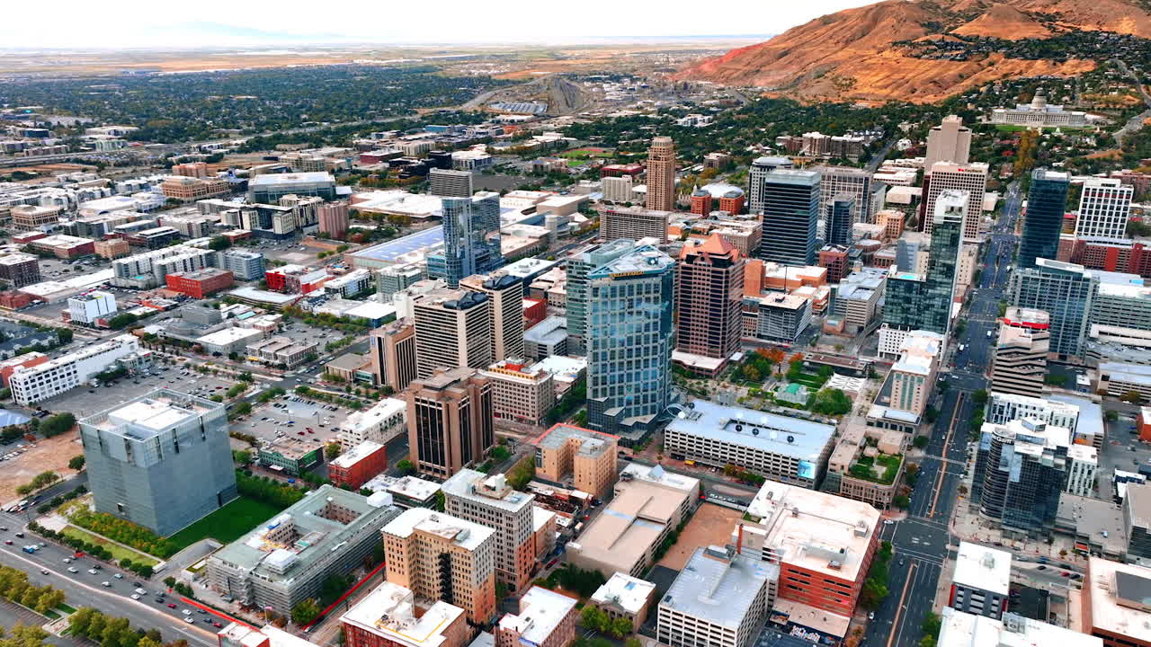 Salt Lake Sity USA, 14 August 2025: Downtown of modern Salt Lake City, Utah, USA from aerial view. Mountains at backdrop
