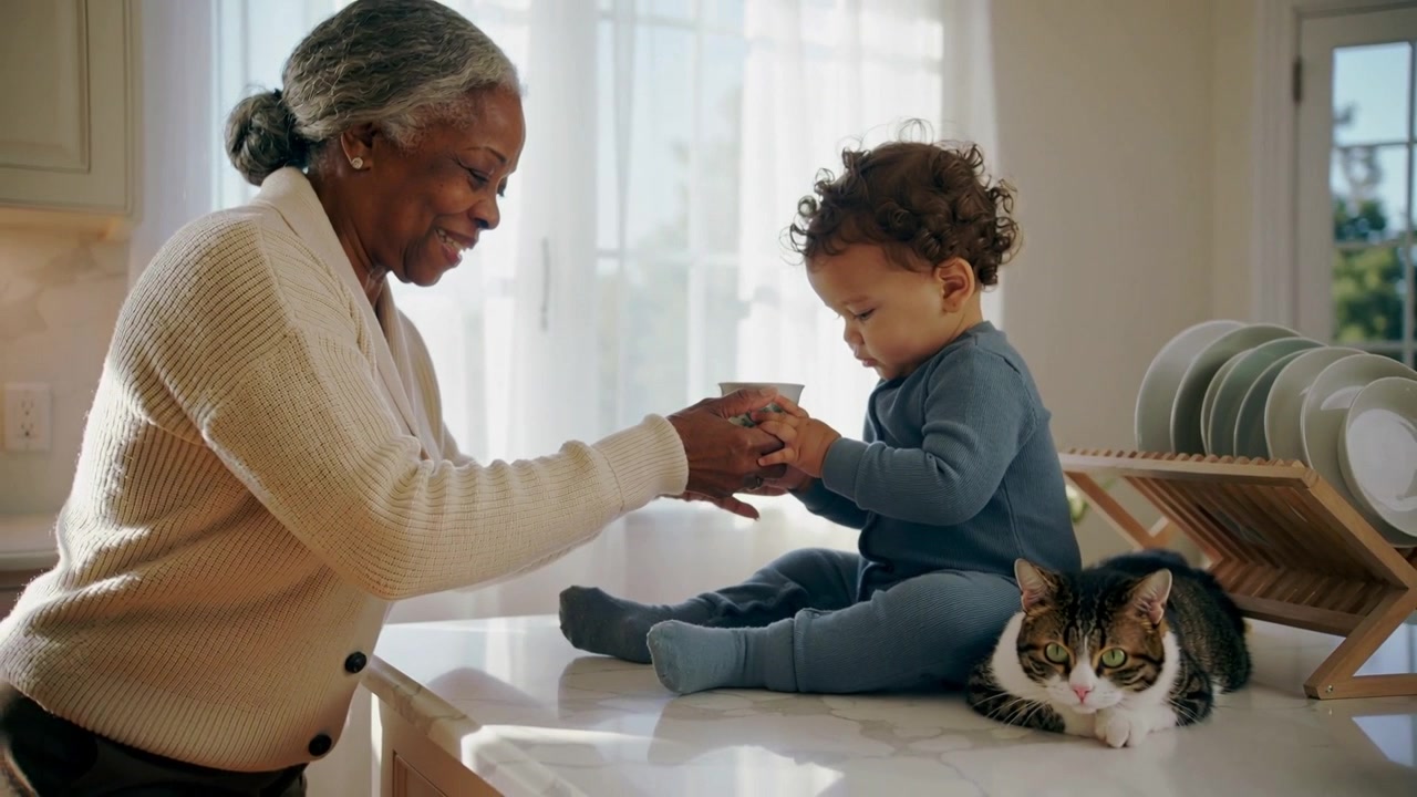 Nonna che insegna a un bambino piccolo con una tutina blu ad afferrare una tazza su un bancone di marmo, con un gatto.
