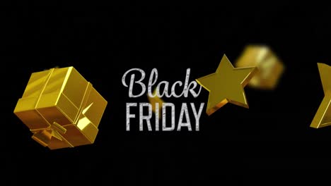 Animation-Von-Black-Friday-Text-über-Sternen-Und-Geschenken-Auf-Schwarzem-Hintergrund