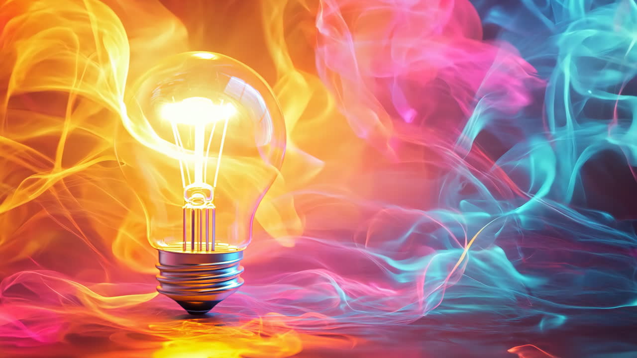 A light bulb is lit up in a colorful background. The light bulb is the main focus of the image, and the colors of the background create a sense of energy and excitement
