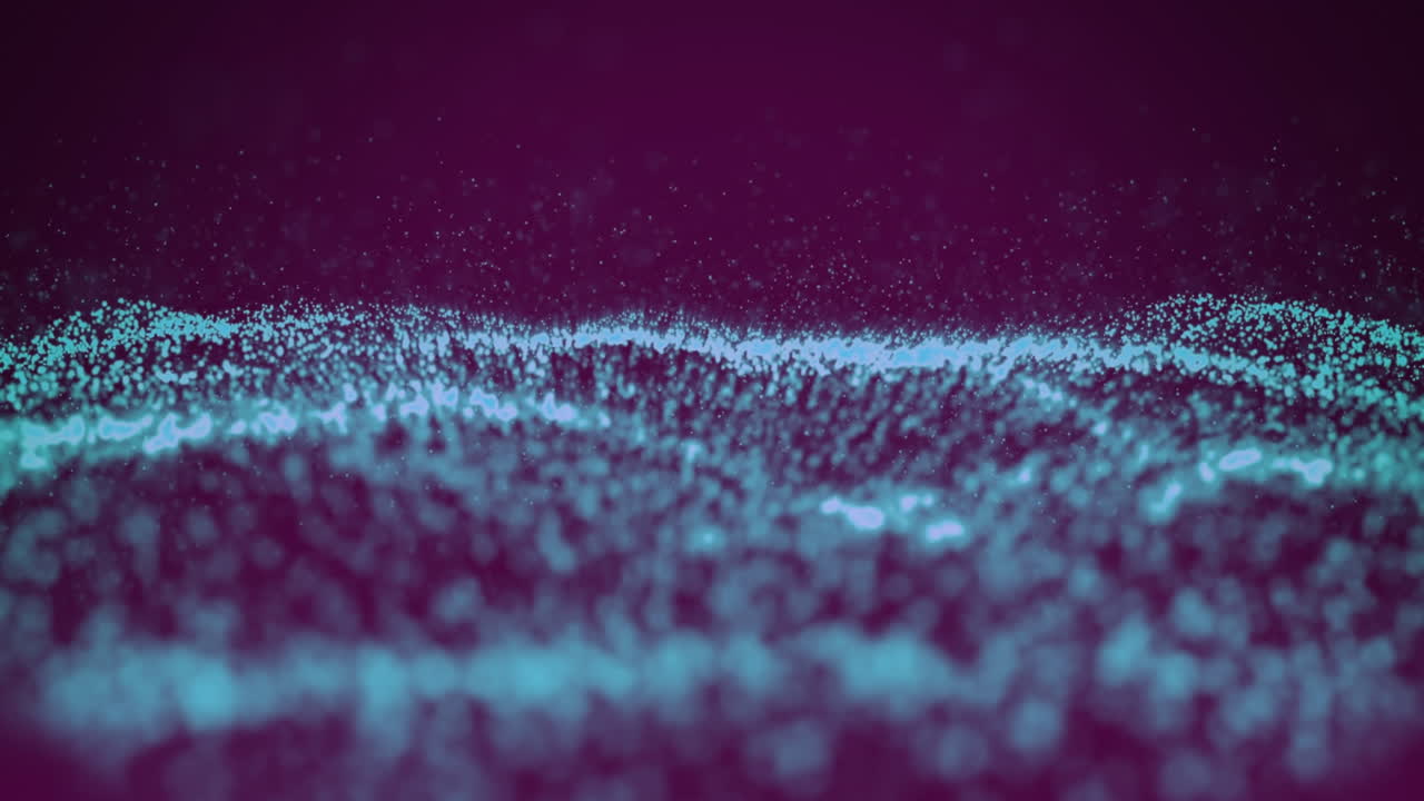 Animation of glowing blue undulating network of particles on black background